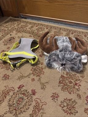 High-Visibility Yellow & Gray Dog Harness W/ Halloween moose pet hat
